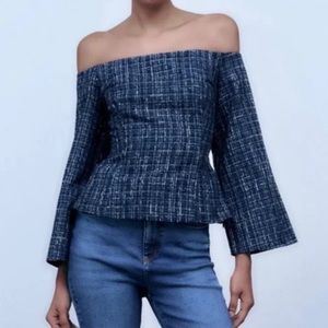 Zara blue tweed textured off shoulder top wide bell sleeve